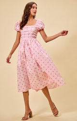 SO ME Polka Cotton Print Short Sleeves Midi Dress - Pink - Large Photo 0