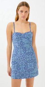 Urban Outfitters Blue Burnout Velvet Damask‎ Mini Dress Sweetheart Smocked Large Photo 0