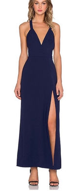 Revolve NBD Night Fever Plunging Neckline Navy Blue Slit Maxi Dress Size S Photo 0