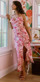 Lulus Dreamy Personality Pink Floral Ruffled Sleeveless Midi Dress Size Small Photo 0