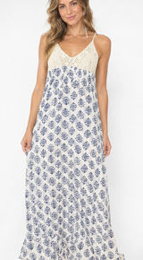 American Rag Cie XL Boho Crochet Floral Maxi Dress Blue Ivory Festival Photo 0