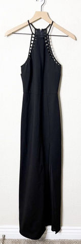 NWT‎ NBD Black Maxi Dress High Neck Lattice Cutout High Slit Womens Size S Photo 0