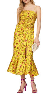 Cinq à Sept Dress Size 0 Provence Katz Floral Back Zip Yellow Satin Finish Photo 0