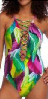 NEW La Blanca Tropic of Day Tummy Control Multi colored Leaf Print Swimsuit 10 Photo 0