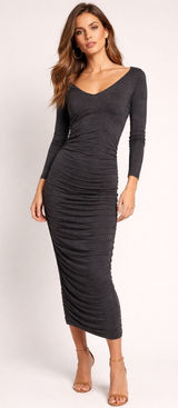 Norma Kamali Gray Ruched Long Sleeve Scoop Neck Raw hem Bodycon Midi‎ Dress XS Photo 0
