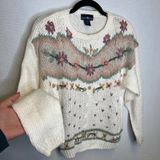 Hunters Run Vintage Floral Embroidered Knit Sweater Cream Ramie Blend Womens M‎ Photo 0