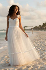 White Tulle Wedding Dress Sequin Pearl Embroidered Bodice Beach Bridal Gown Photo 0