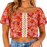 Miss Me Floral Boho Top Large Orange White Crochet Flutter Sleeve Crop Summer Photo 0