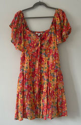 Marissa Olivia Red Orange Floral Flutter Sleeve Peasant Smocked Mini Dress L Photo 0