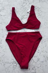 New Quince Cherry Red Italian Plunge Bikini Top & High Rise High Leg Bottom Set Photo 0