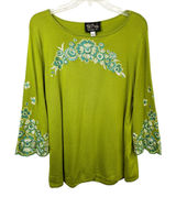 Bob Mackie Large Top Green Floral Embroidered‎ Sweater Bell Sleeve Fairy 1814 Photo 0
