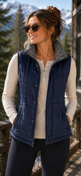 Zella Reversible Quilted Puffer Vest Navy Blue Grey Space Dye Womens Small Photo 0