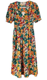 NWT Pink Martini Multicolor Floral V-neck Puff Sleeved Midi Dress Photo 0