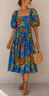 NEW Farm Rio Tropics Tiered Midi Dress XS Banana Print Puff Sleeve Empire Waist Photo 0