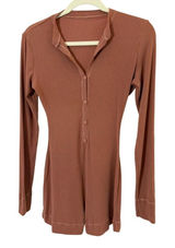 Skims Soft Lounge Henley Romper Ribbed Long Sleeve in Color Wood sz. L Photo 0