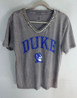 Duke Relaxed Jeweled Rhinestone V-Neck Tee Women's Med Grey Gameday Couture New Photo 0