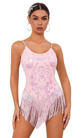 NWT ODIZLI Pink Sequin Fringe Tassel Cami Bodysuit Rave Dance Costume Small Photo 0
