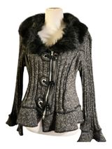 Sioni Women's XL Faux Fur Collar Zip Cable Knit Cardigan Jacket Sweater Gray Photo 0