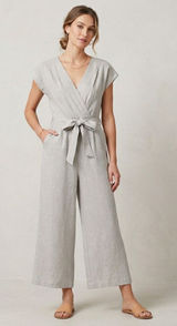 Monteau Jumpsuit Womens Large Beige Linen Wide Leg V-Neck Cropped Boho Overall Photo 0