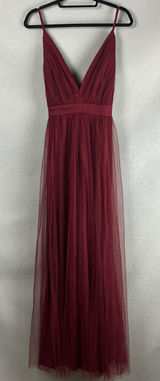 Lulus Burgundy Tulle Maxi Gown 2X Deep V Spaghetti Strap Front Slit Bridesmaid Photo 0