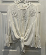 Hummingbird‎ White Eyelet Embroidered Front Tie Bell Sleeve Blouse L Cottagecore Photo 0