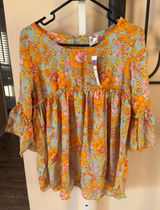 Agnes & Dora Sway Top Floral Babydoll Blouse Orange Blue Ruffle Sleeve Medium Photo 0