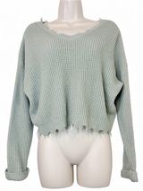 Moon & Madison Waffle Knit Crop Sweater Sage Green Distressed Hem Size M Photo 0