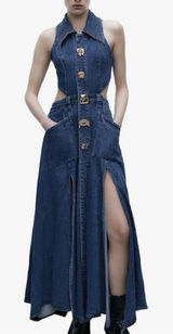 URBAN REVIVO Women's Cutout Sleeveless Lapel Denim Maxi Dress Size US‎ 6 Buttons Photo 0