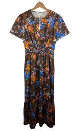 NWT Sheridan French Brown Floral Maxi‎ Dress Small Smocked Waist Flowy Resort Photo 0
