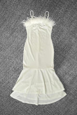SHEIN White Feather Trim Mermaid Midi Dress XS Spaghetti Strap Party Dress Photo 0