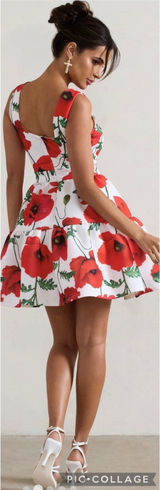 NEW Club L London ALIA Poppy Print Scoop-Neck Tiered Volume Hem Mini Dress US 4 Photo 0