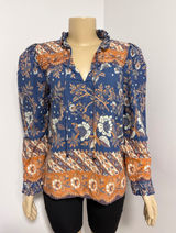 Love The Label Blue Orange Floral Batik Print Ruffle Neck Cotton BOHO Blouse Med Photo 0
