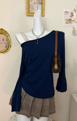 Lauren Ralph Lauren Top Size L Blue One-Shoulder Bell Sleeve Knit Blouse Photo 0