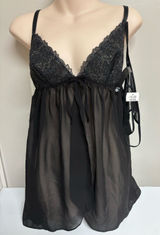 2 Pc Sheer Lace Babydoll Chemise Nightgown - Black with Matching Thong Photo 0