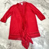 Chico's Womens Sz 1 like 8/Medium Red 3/4 Sleeve Open Front Linen Fringe Sweater Photo 0
