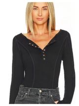 NWT Free People Sloane Henley Bodysuit Womens S Black Textured Long Sleeve Photo 0