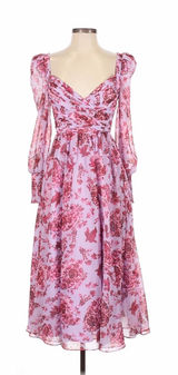 Badgley Mischka Floral‎ Chiffon Midi Dress Lavender Pink V-Neck Sz 2 Long Sleeve Photo 0