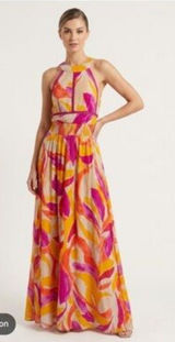Abel the Label Orange and Pink Halter Open Back Maxi Dress Slitted Size Large Photo 0