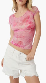 Free People Women On The Dot Mesh Top Small Pink Floral Sheer Lettuce Baby Tee Photo 0
