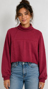 Aerie New Heights Cropped Turtleneck Sweatshirt Burgundy Exposed Seam Raw Hem M Photo 0