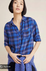 Anthropologie Plaid Tunic Womens M Blue Excellent‎ Button Back Flannel Shirt Photo 0