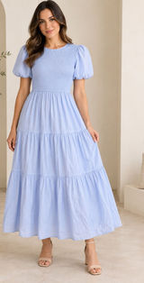 Smocked Bodice Puff Sleeve Maxi Dress in Light Blue Photo 0