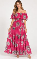 MISA Los Angeles Pink Gray Floral Off Shoulder Tiered Maxi Dress S Photo 0