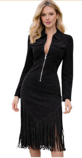 NEW Vegan Suede Fringe Dress Long Sleeve Zip Western Cowgirl Tassel Dress XL Photo 0