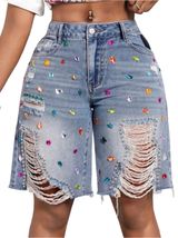 Streetwear bedazzled Jewel Studded bling frayed high Waisted Denim Shorts NWT LG Photo 0