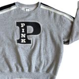 Victoria's Secret PINK Gray Varsity Patch Crewneck Sweatshirt Striped Sleeve L‎ Photo 0