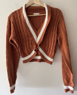 Kendall & Kylie Rust Brown Varsity Crop Sweater White Stripe Knit Photo 0