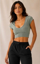 NVGTN Womens Seamless Short Sleeve Crop Top Sage‎ Green Medium Scoop Neck Active Photo 0