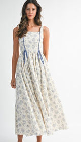 Floral Print Square Neck Contrast Pipinig Dress Photo 0