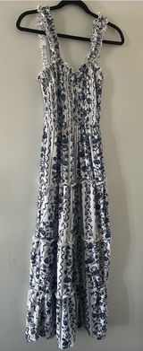 Blue White Floral Smocked Maxi Dress 1X Cottagecore Euro Summer Coastal Vacation Photo 0